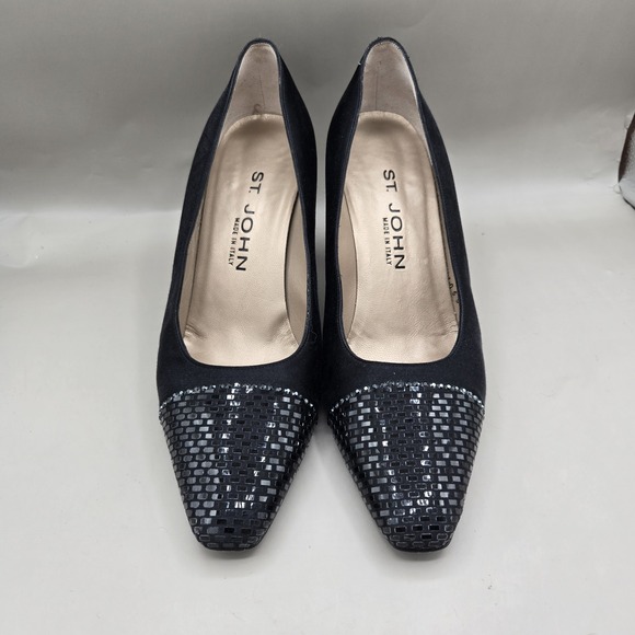 St. John Made In Italy Red Satin Pointed Toe Heels 8 B Woven Cap Toe Pumps - Picture 3 of 9